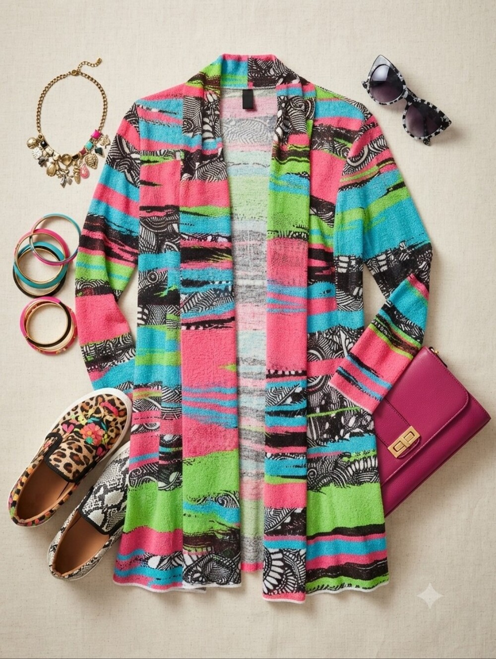 Ali Miles Neon Pink Green Blue Open Front Cardigan